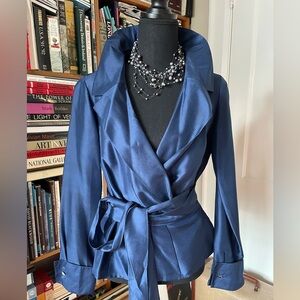 Simons Elegant Rich Energy Vibe Blue 💯 Silk Wrap Blouse